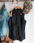 Black denim western sleeveless shirt with pearl snaps and copper collar tips