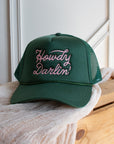 Forest green and pink embroidered Howdy Darlin' western trucker cap, front view