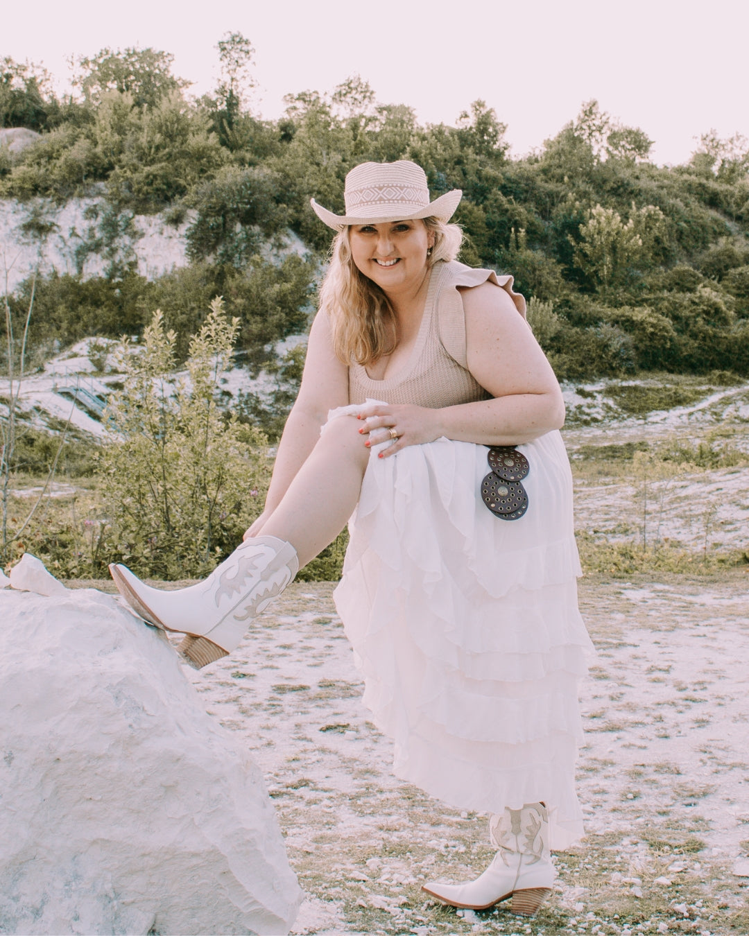 white dress with cowboy boots Meghan Low Calf White Cowboy Boots – Melbelle