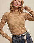 Tan, textured, long sleeve mesh top