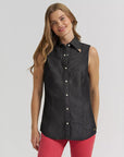 Model wearing Wrangler x Lainey Wilson black denim sleeveless western shirt