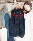 Wrangler x Lainey Wilson embroidered sleeveless denim shirt in indigo blue