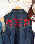 Wrangler western embroidered sleeveless denim shirt with red flame detail