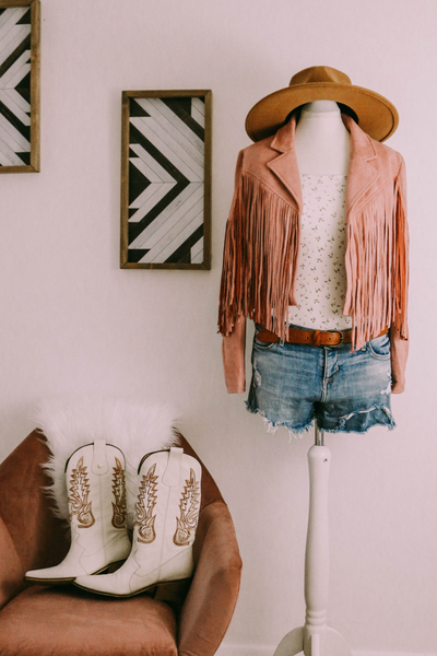 Pink suede fringe jacket best sale