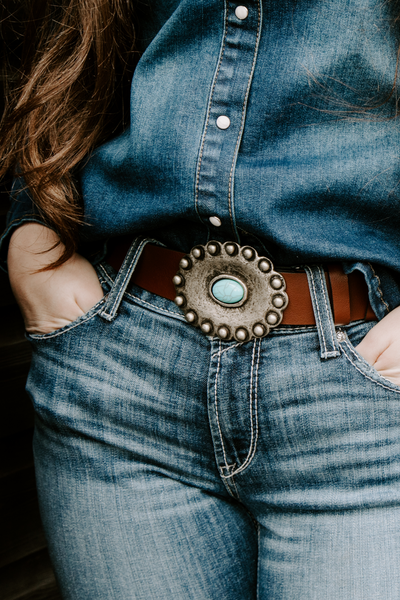 Calico Western Leather Buckle Belt With Turquoise Stone Melbelle Western x Boho