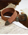 Faux Suede Antique Gold Western Belt - Tan