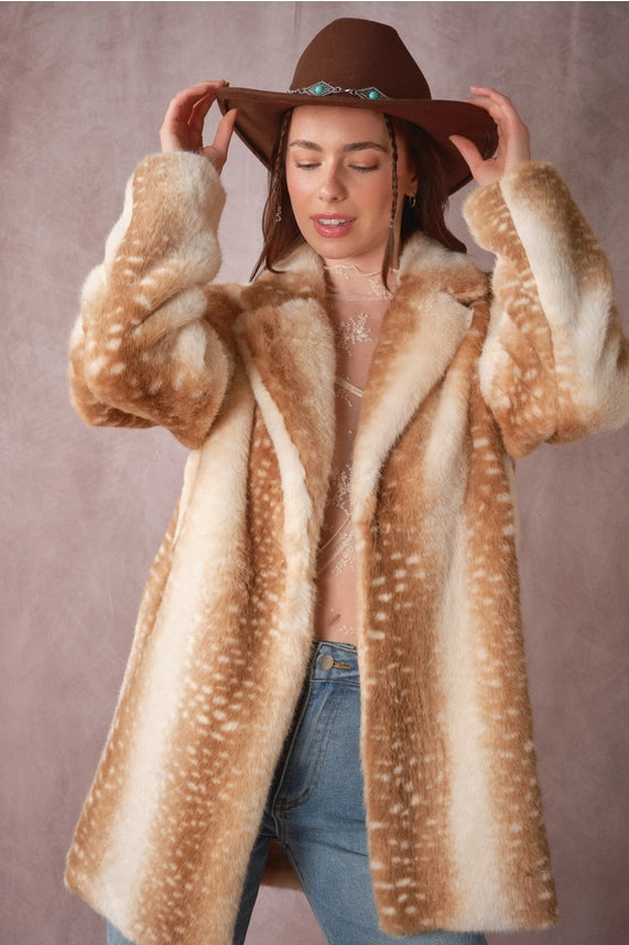 Deer Print Faux Fur Coat