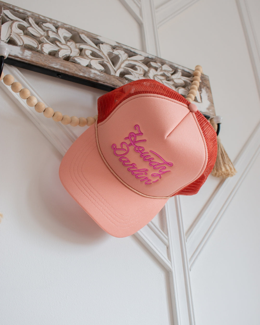 Howdy Darlin' pink trucker cap embroidery detail
