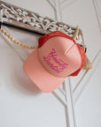 Howdy Darlin' pink trucker cap embroidery detail