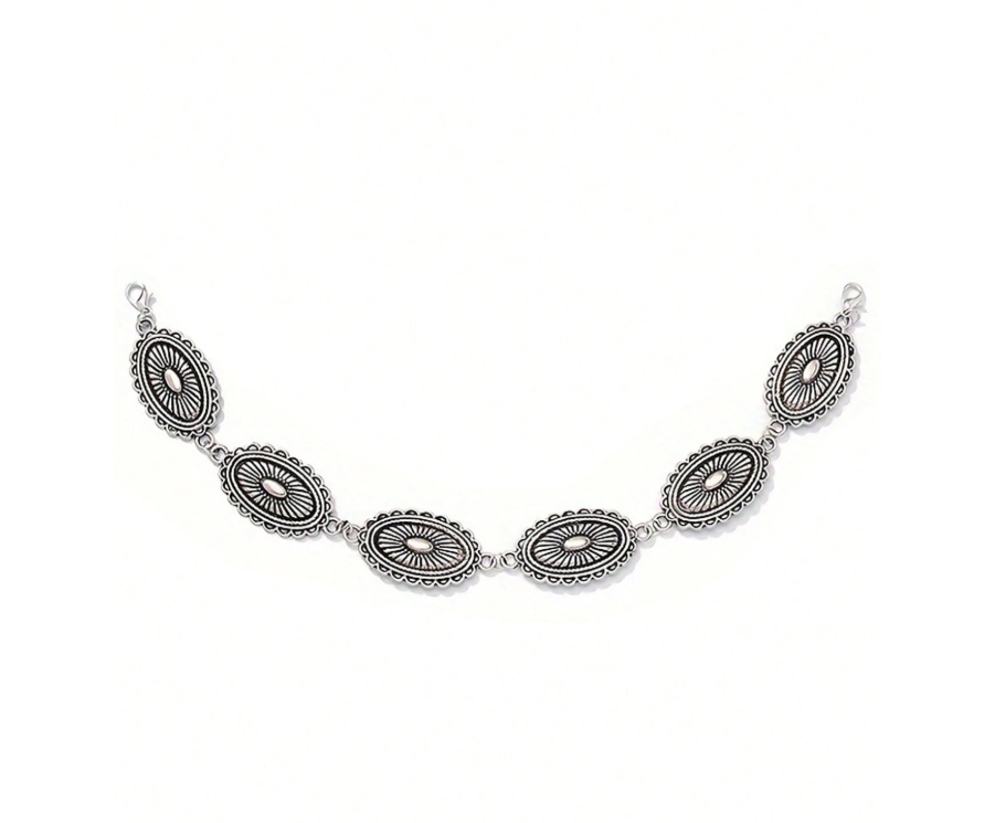 Western silver concho hat chain styled on a trucker cap