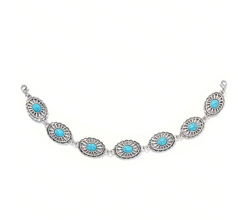 Western turquoise concho hat chain accessory shown on trucker cap