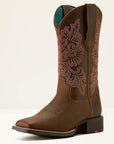 Ariat Round Up StretchFit brown leather cowboy boots with pink floral embroidery and teal trim, square toe, diagonal front view
