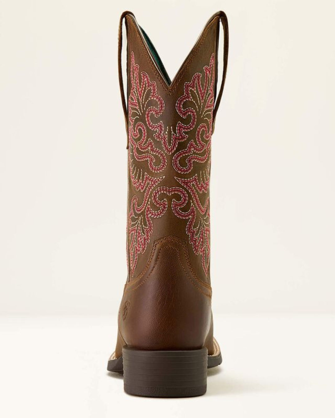 Rear view of Ariat Round Up StretchFit brown leather cowboy boot showing pink floral embroidery on the shaft and stacked block heel