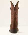 Rear view of Ariat Round Up StretchFit brown leather cowboy boot showing pink floral embroidery on the shaft and stacked block heel