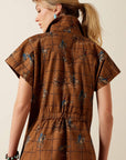 Close-up back view of the Ariat Cody Dress showing the collar and elasticated waist detail on the brown printed cotton twill fabric