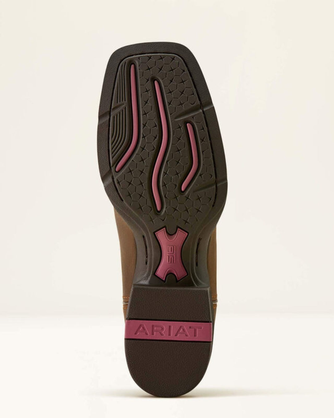 Outsole of the Ariat Round Up cowboy boot showing the Duratread tread pattern with pink accents and ARIAT branding on the heel