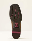 Outsole of the Ariat Round Up cowboy boot showing the Duratread tread pattern with pink accents and ARIAT branding on the heel