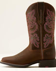 Side profile of Ariat Round Up StretchFit brown leather cowboy boot with pink floral embroidery on the shaft and square toe