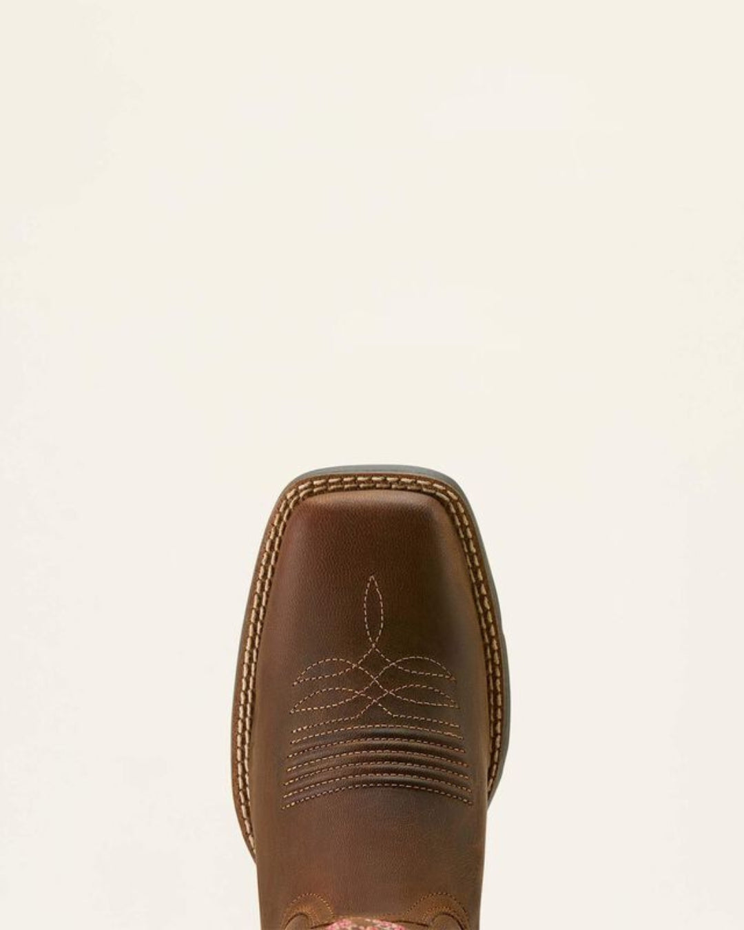 Close-up top-down view of the square toe on the Ariat Round Up StretchFit cowboy boot, showing brown leather with decorative stitch detailing
