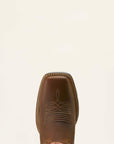 Close-up top-down view of the square toe on the Ariat Round Up StretchFit cowboy boot, showing brown leather with decorative stitch detailing