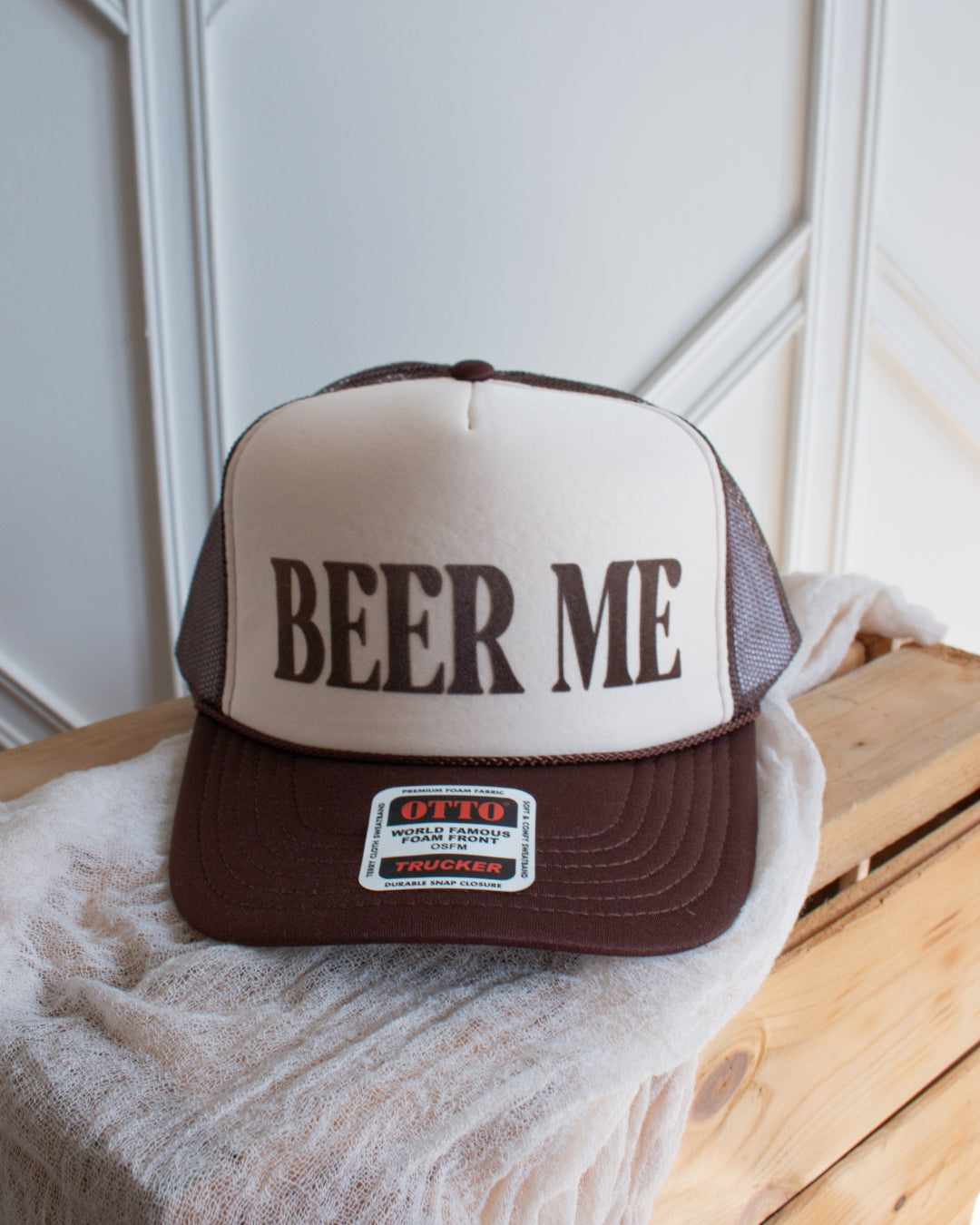 Beer Me brown trucker cap with high-profile foam front and mesh back