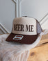 Beer Me retro brown unisex trucker cap with bold slogan, front view
