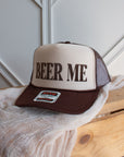 Beer Me retro brown unisex trucker cap with bold slogan, front view
