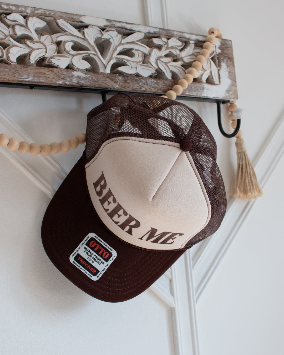 Beer Me brown western trucker cap with retro BEER ME logo