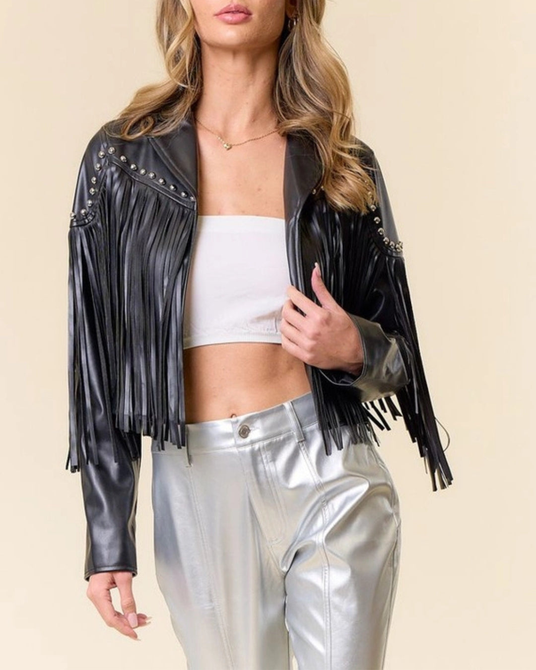 Black Studded Faux Leather Fringe Jacket