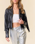 Black Studded Faux Leather Fringe Jacket