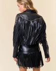 Black Studded Faux Leather Fringe Jacket