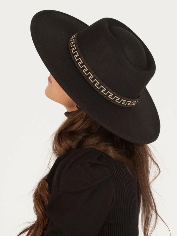 Wide Brim Boater Hat Vegan Felt With Hat Band - Black