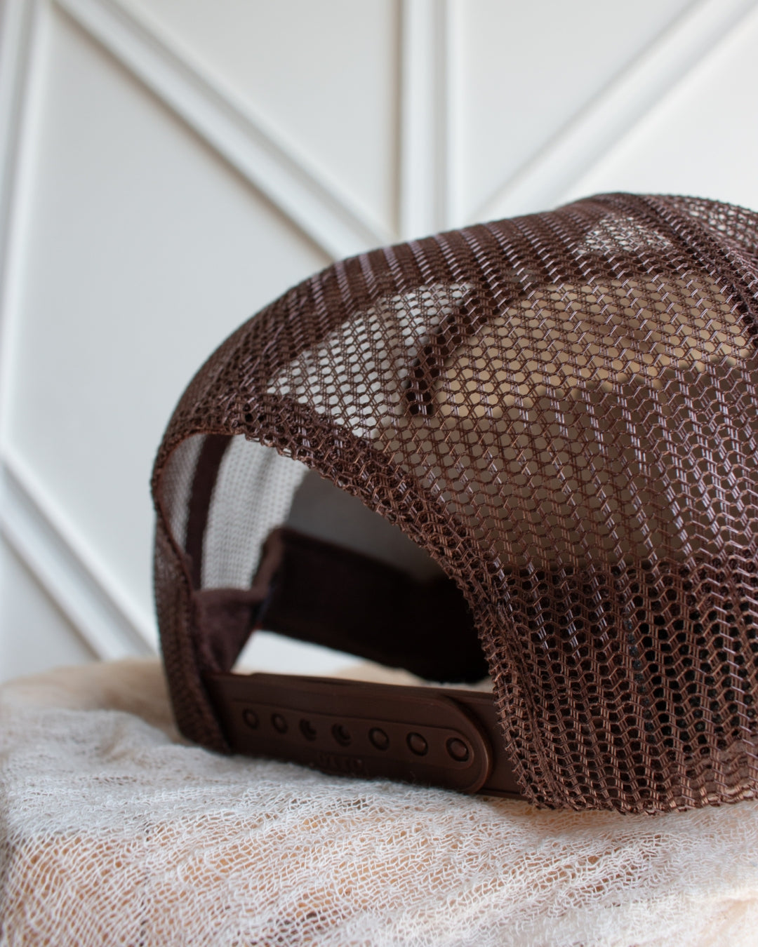 Brown Beer Me snapback trucker cap with breathable mesh panel