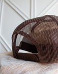 Brown Beer Me snapback trucker cap with breathable mesh panel