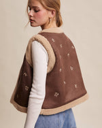 Embroidered Faux Suede Sherpa Vest