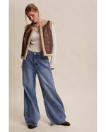 Embroidered Faux Suede Sherpa Vest