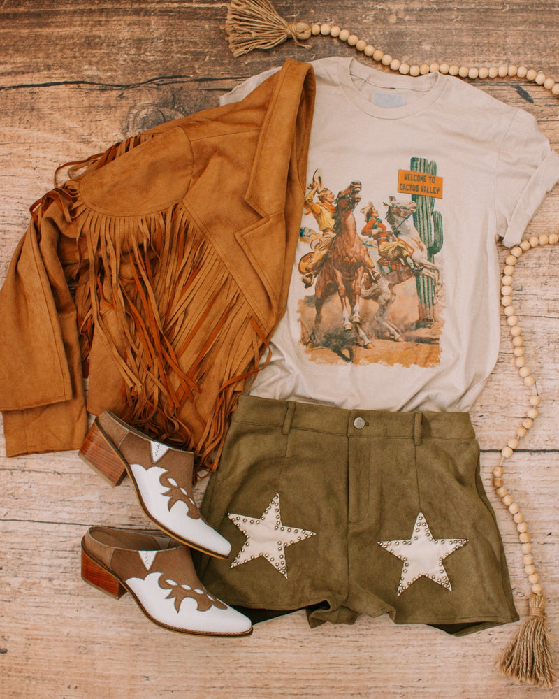 Olive Faux Suede Star Shorts