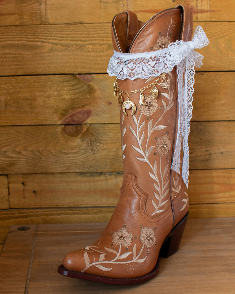 Cowboy Boot Accessories Kit – White Lace Trims & Gold Western Charms Chain
