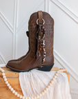 Wild Spirit leopard and velvet cowboy boot tassel, side view