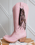 Handcrafted leopard print cowboy boot tassel accessory