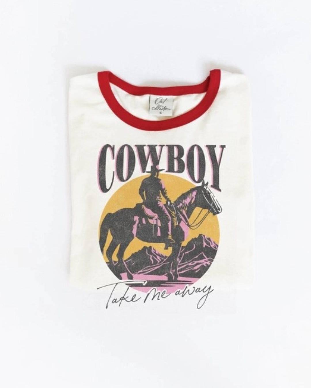 Vintage-inspired graphic tee with 'Cowboy Take Me Away' text and a horse illustration, featuring a red ringer neckline on a white background.
