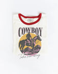 Vintage-inspired graphic tee with 'Cowboy Take Me Away' text and a horse illustration, featuring a red ringer neckline on a white background.