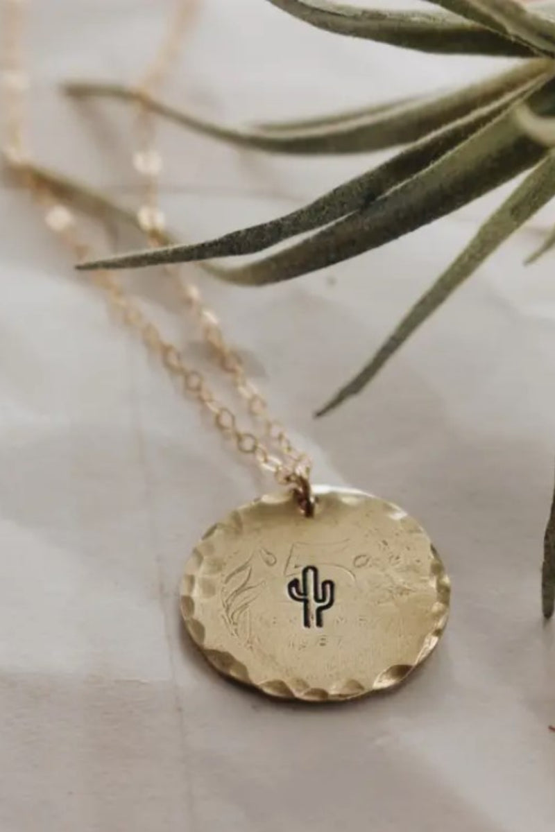 Gold Dainty Stamped Cactus Pendant Necklace