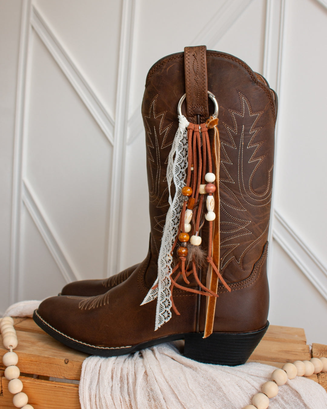 Desert Wanderer cowboy boot tassel styled on Ariat boots
