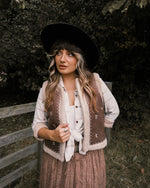 Embroidered Faux Suede Sherpa Vest