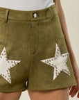 Olive Faux Suede Star Shorts