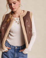 Embroidered Faux Suede Sherpa Vest