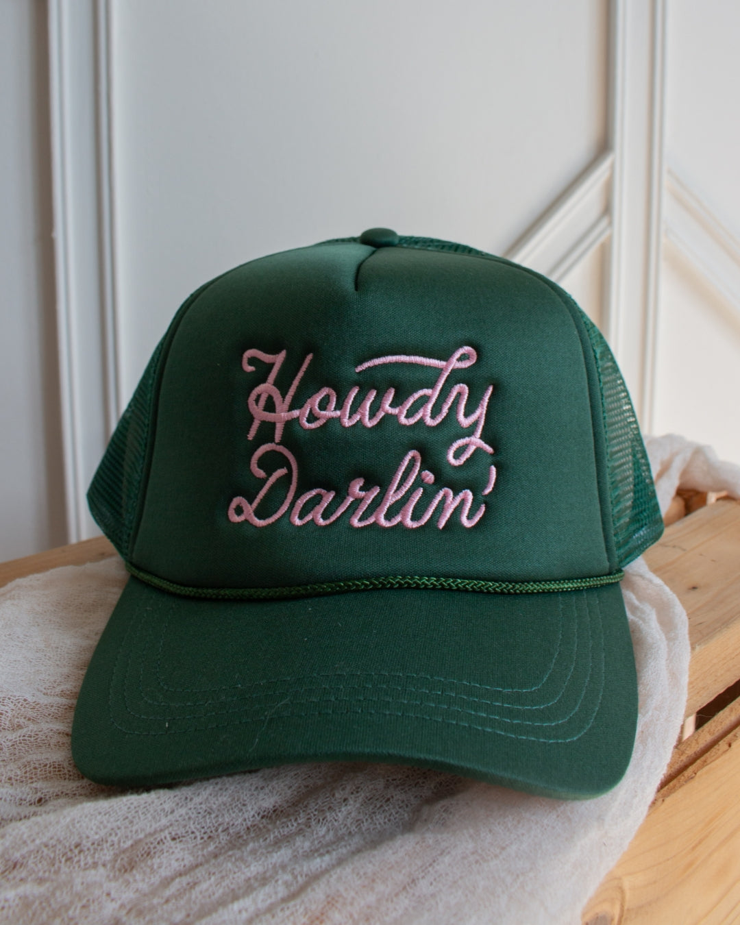 Forest green Howdy Darlin' western trucker cap with pink slogan embroidery