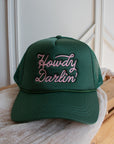 Forest green Howdy Darlin' western trucker cap with pink slogan embroidery