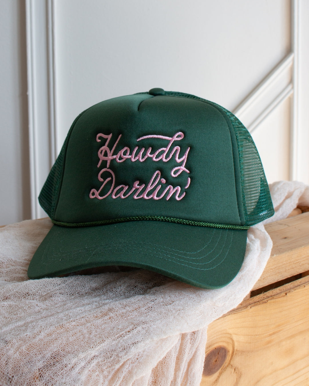 Forest green and pink embroidered Howdy Darlin' western trucker cap, front view